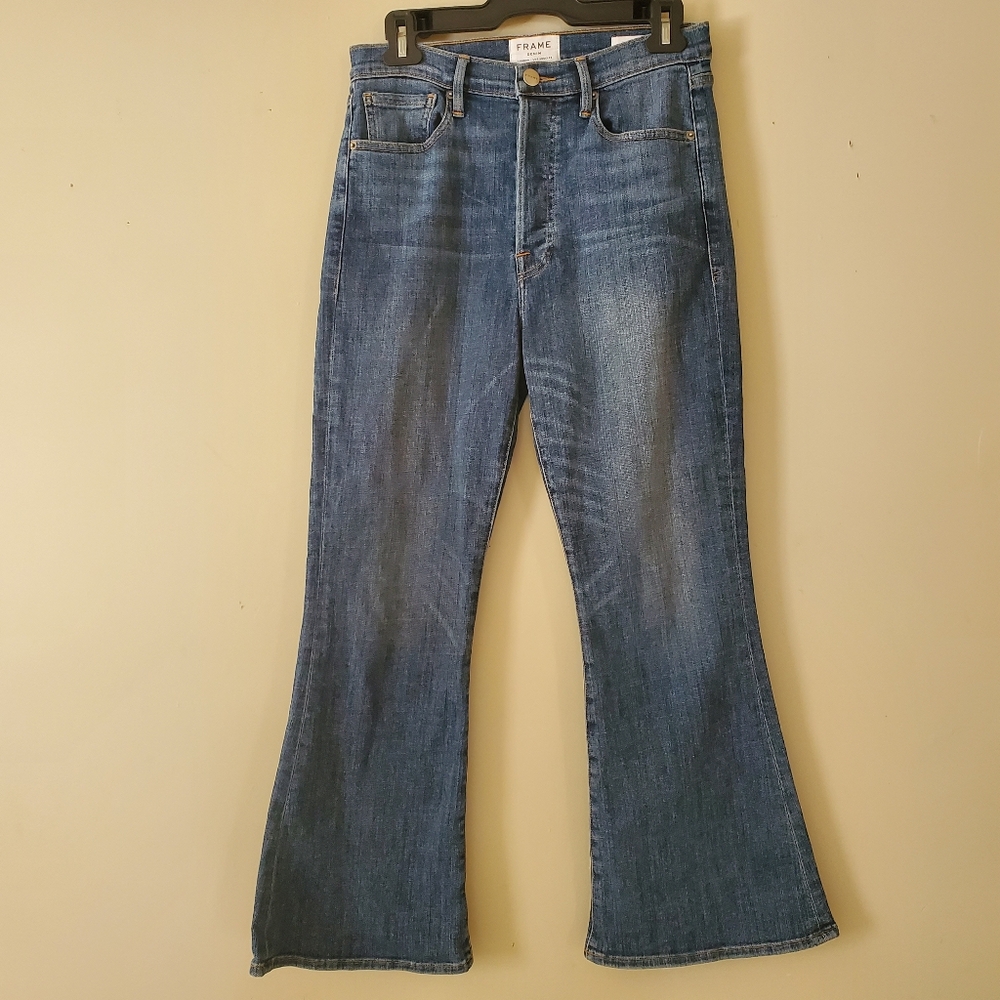 FRAME Le Crop Flare Size 28 Sunrise Park Medium Wash Button Fly High Rise
